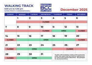 Calendar with December walking track availability