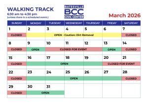 Calendar with March 2026 walking track availability