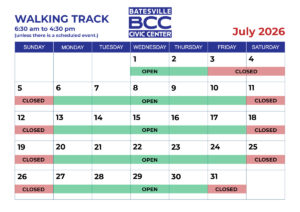 Calendar with July 2026 walking track availability