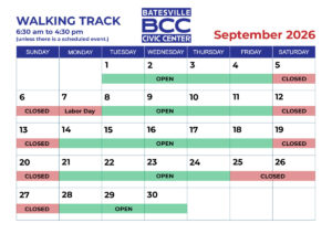 Calendar with September 2026 walking track availability