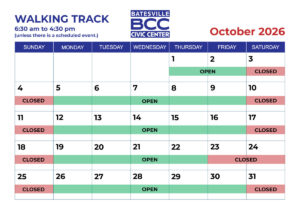 Calendar with October 2026 walking track availability